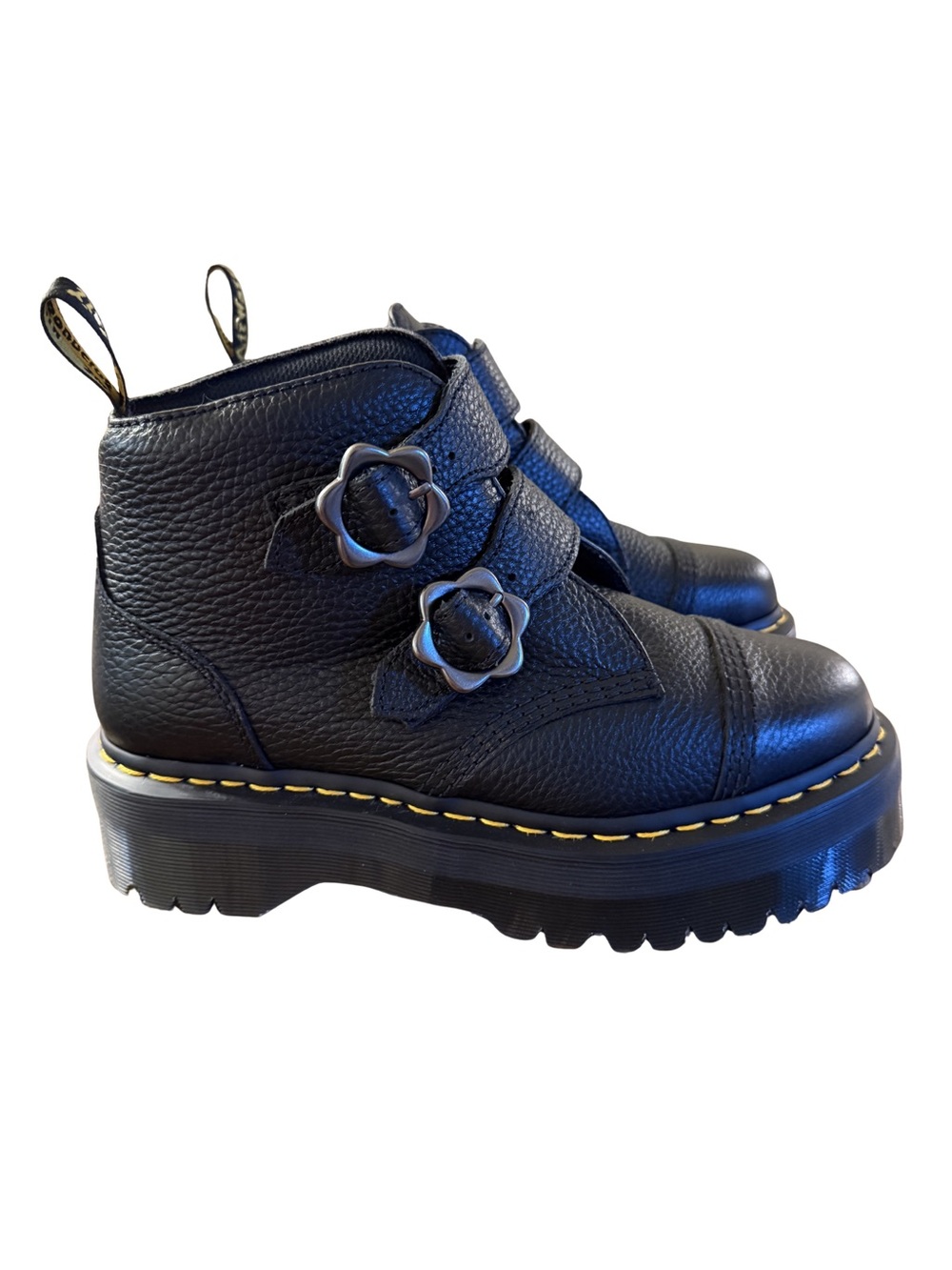 NWOB Dr. Marten Devon Flower Buckle Leather Platform Boots - Black